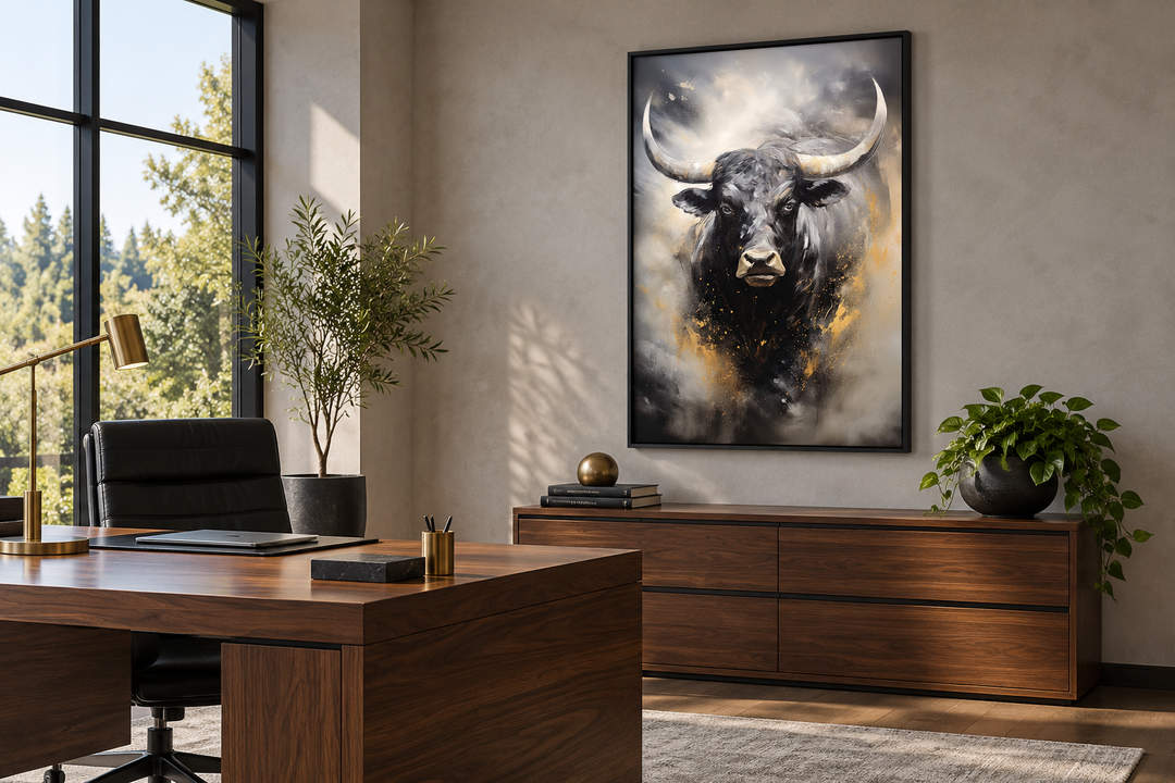 Black charging bull abstract framed canvas wall art hanging in a modern executive office.