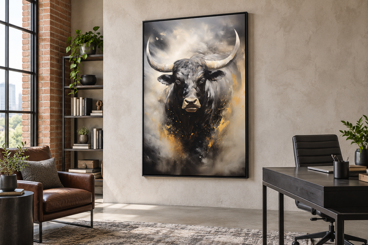 Black Charging Bull Abstract Framed Canvas Wall Art in a modern industrial office setting.