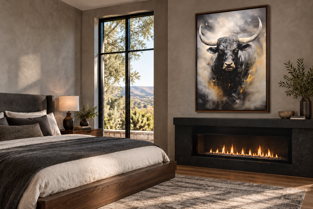 Black Charging Bull Abstract Framed Canvas Wall Art in a modern bedroom above a fireplace.