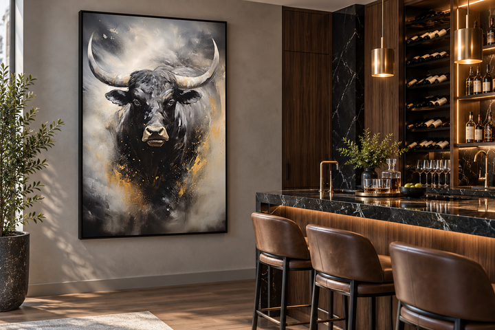 Black Charging Bull Abstract Framed Canvas Wall Art hanging in a modern home bar setting.
