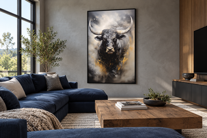 Black Charging Bull Abstract Framed Canvas Wall Art hanging in a modern living room.