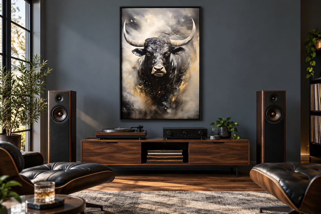 Black charging bull abstract framed canvas wall art hanging in a modern music listening room.