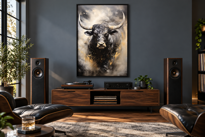 Black charging bull abstract framed canvas wall art hanging in a modern music listening room.