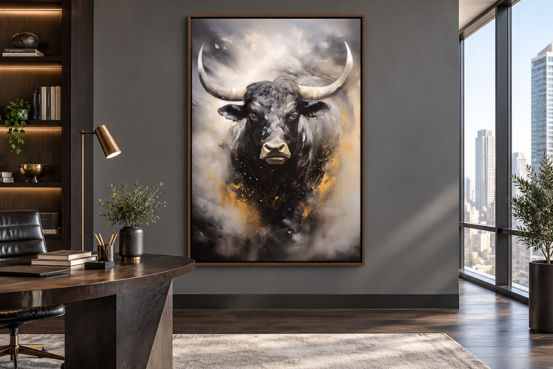 Black Charging Bull Abstract Framed Canvas Wall Art in a modern office setting.
