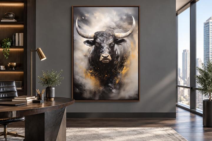 Black Charging Bull Abstract Framed Canvas Wall Art in a modern office setting.