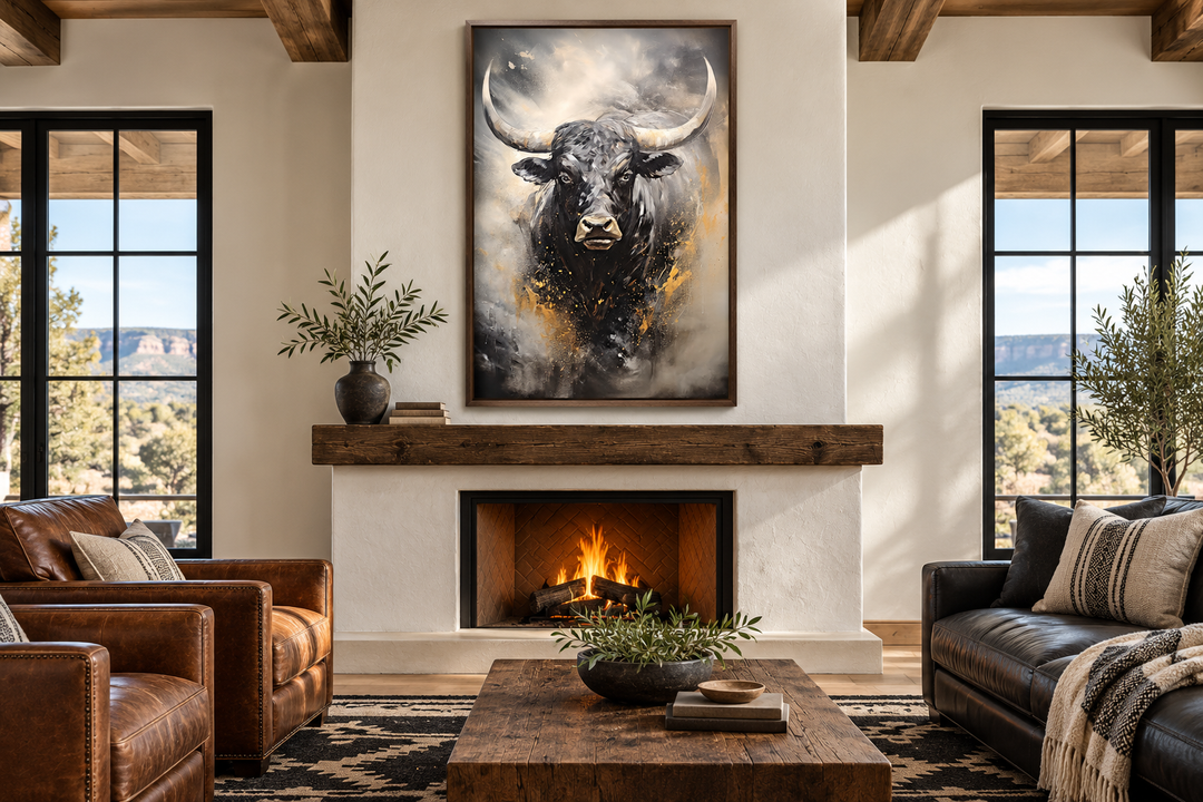 Black charging bull abstract framed canvas wall art hanging above a fireplace in a rustic living room