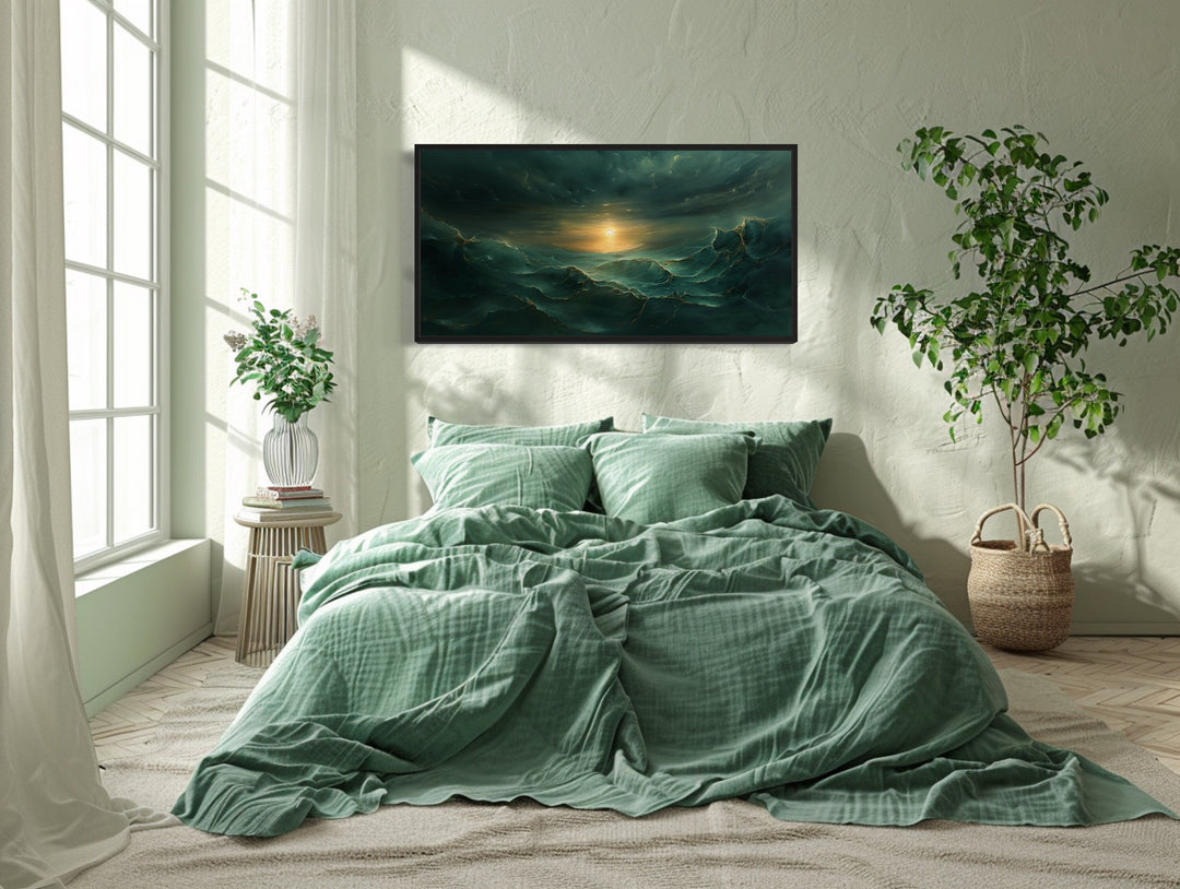 Abstract Emerald Green Gold Ocean Wave Framed Canvas Wall Art