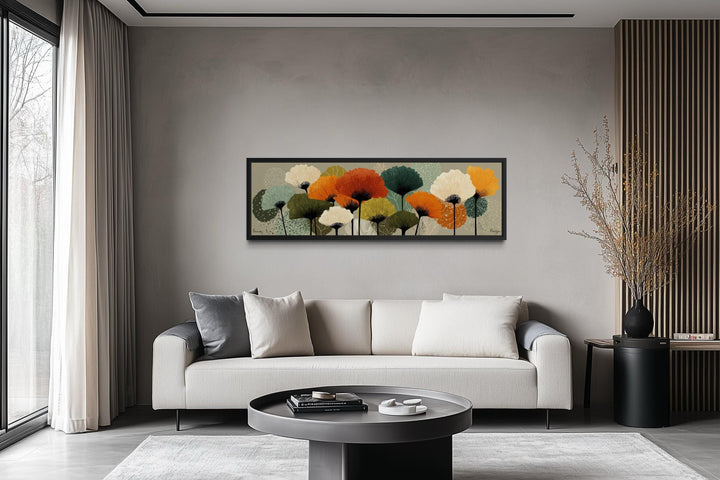 Long horizontal canvas wall art featuring abstract botanical forms in orange, olive, and sage.