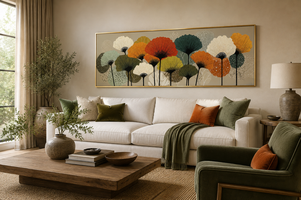 Long horizontal canvas wall art with abstract botanical forms in orange, olive, and sage green.