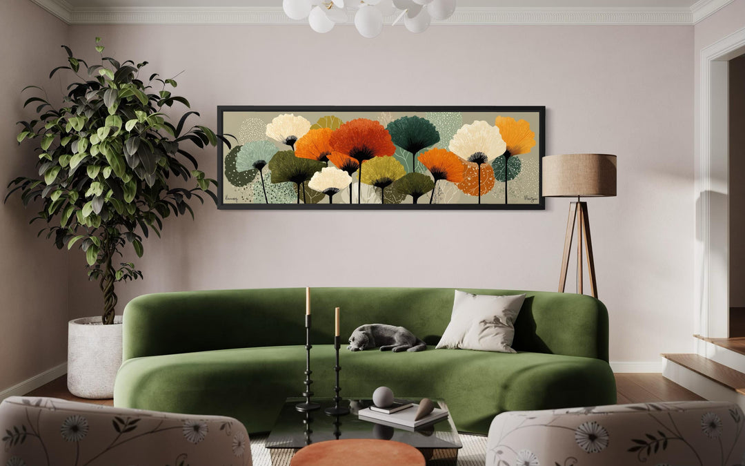 Long horizontal canvas wall art featuring abstract botanical forms in orange, olive, and green.
