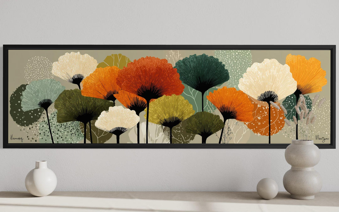 Long horizontal canvas wall art featuring abstract botanical forms in orange, olive, and sage.