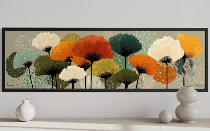 Long horizontal canvas wall art featuring abstract botanical forms in orange, olive, and sage.
