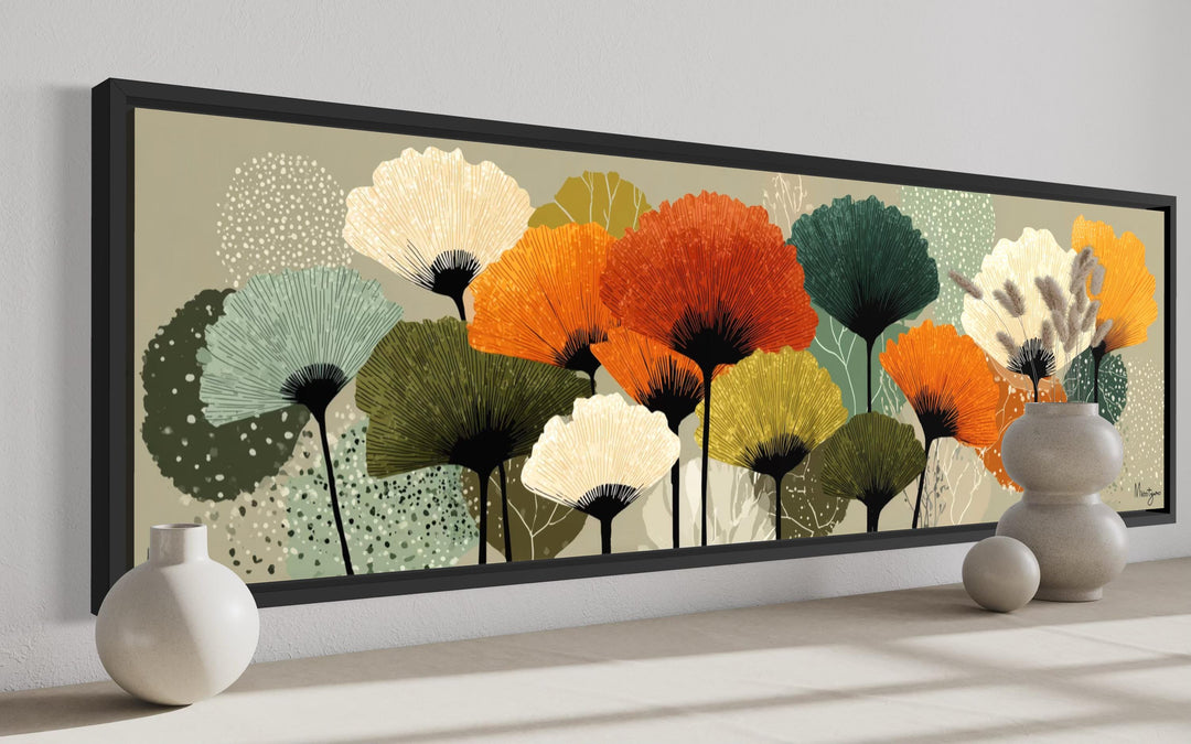Long horizontal canvas wall art featuring abstract botanical forms in orange, olive, and sage.