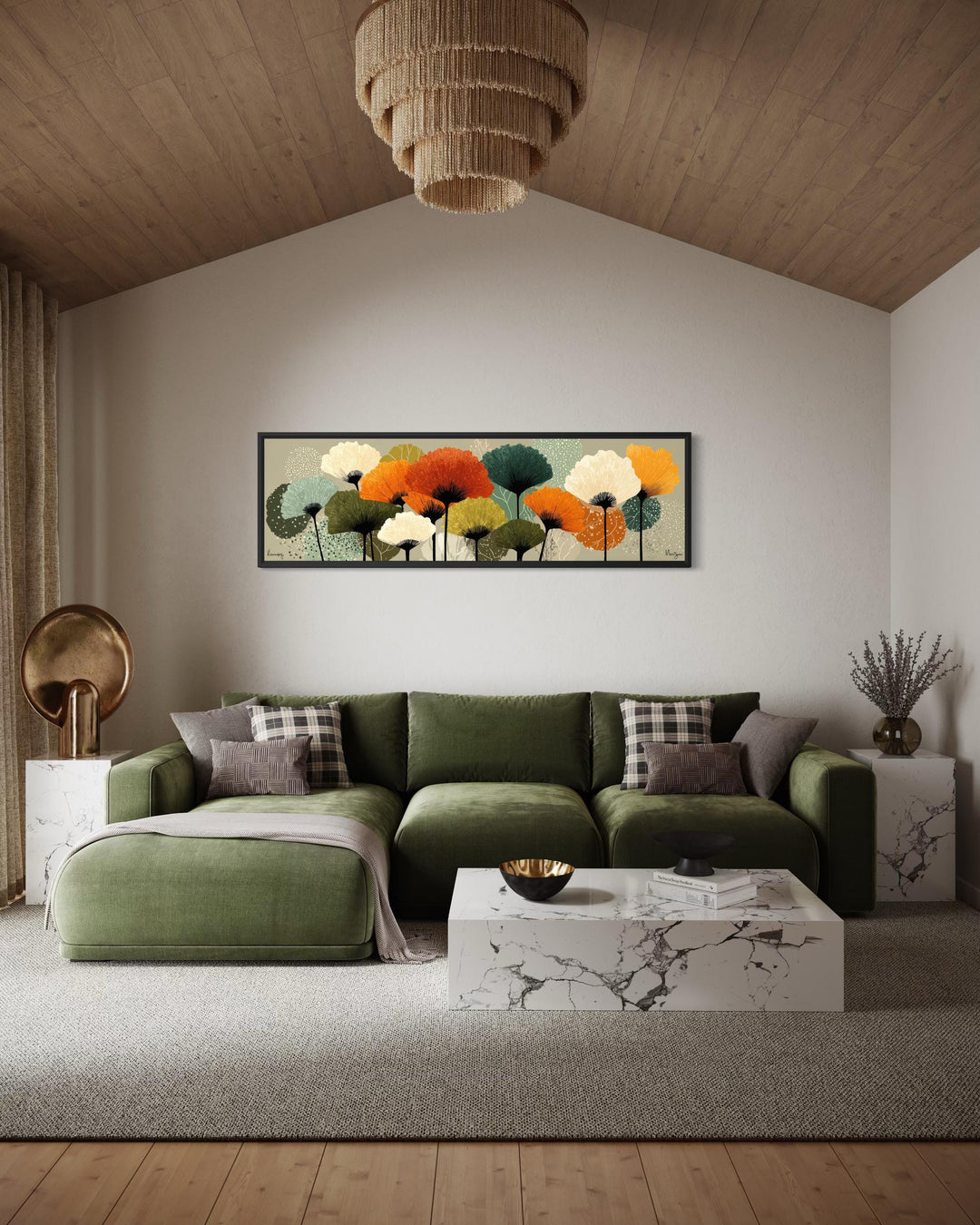 Long horizontal canvas wall art featuring abstract botanical forms in orange and olive green.
