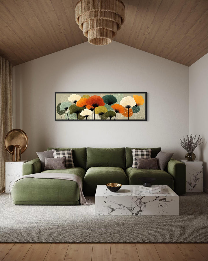 Long horizontal canvas wall art featuring abstract botanical forms in orange and olive green.