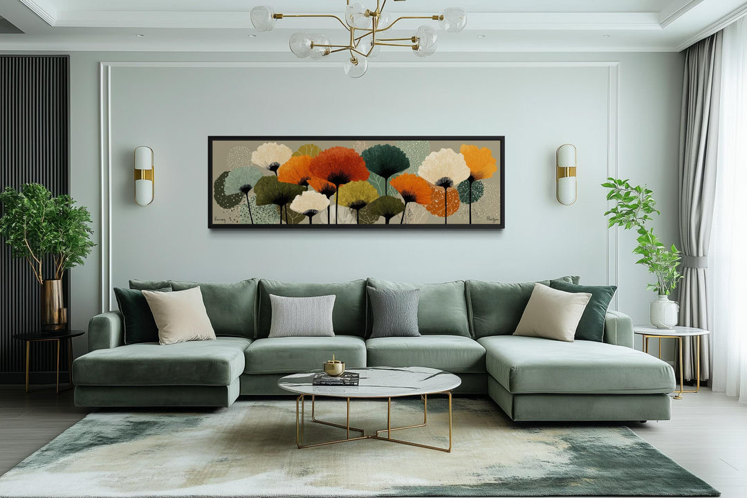 Abstract floral botanical long horizontal canvas wall art in orange and olive green tones.