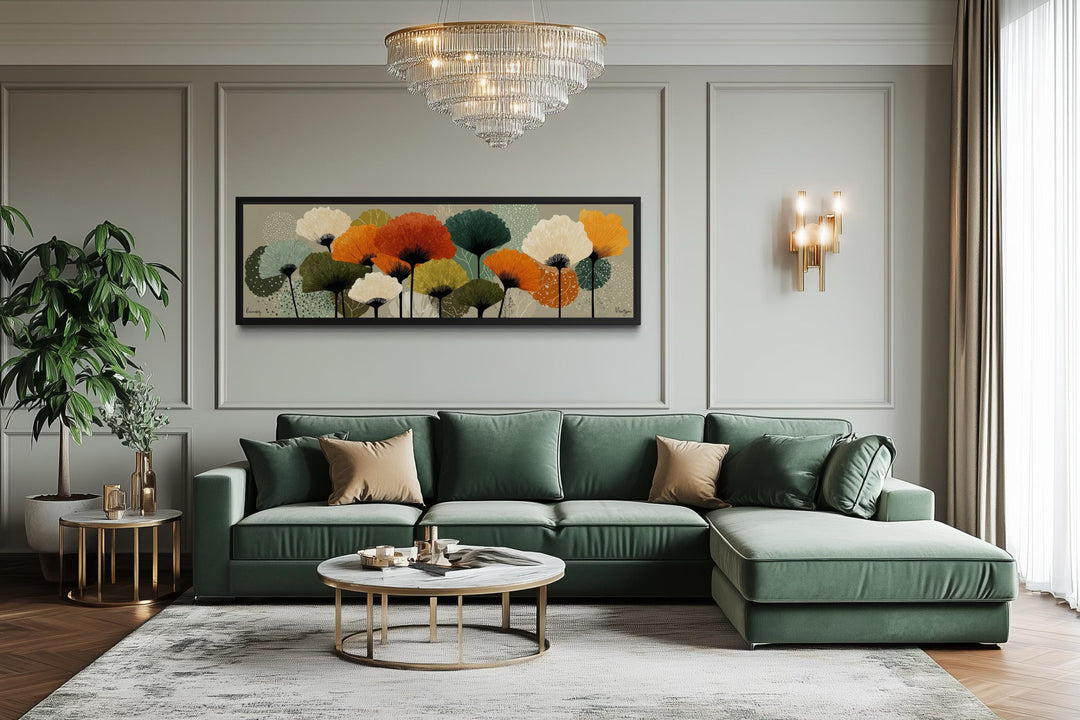 A long horizontal canvas wall art featuring abstract orange and olive green botanical tree forms.
