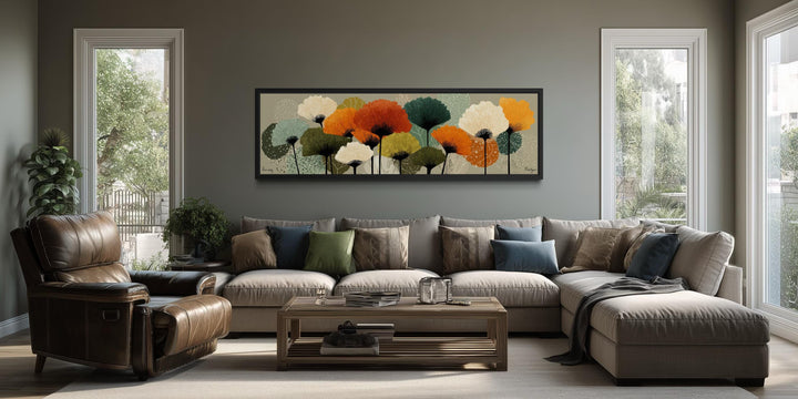 Abstract floral botanical long horizontal canvas wall art in orange and olive green tones.