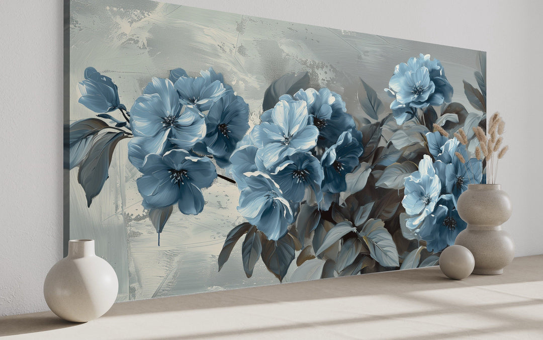 Abstract Flowers Canvas | Light Blue Floral Wall Art - Modern Grey Background Print