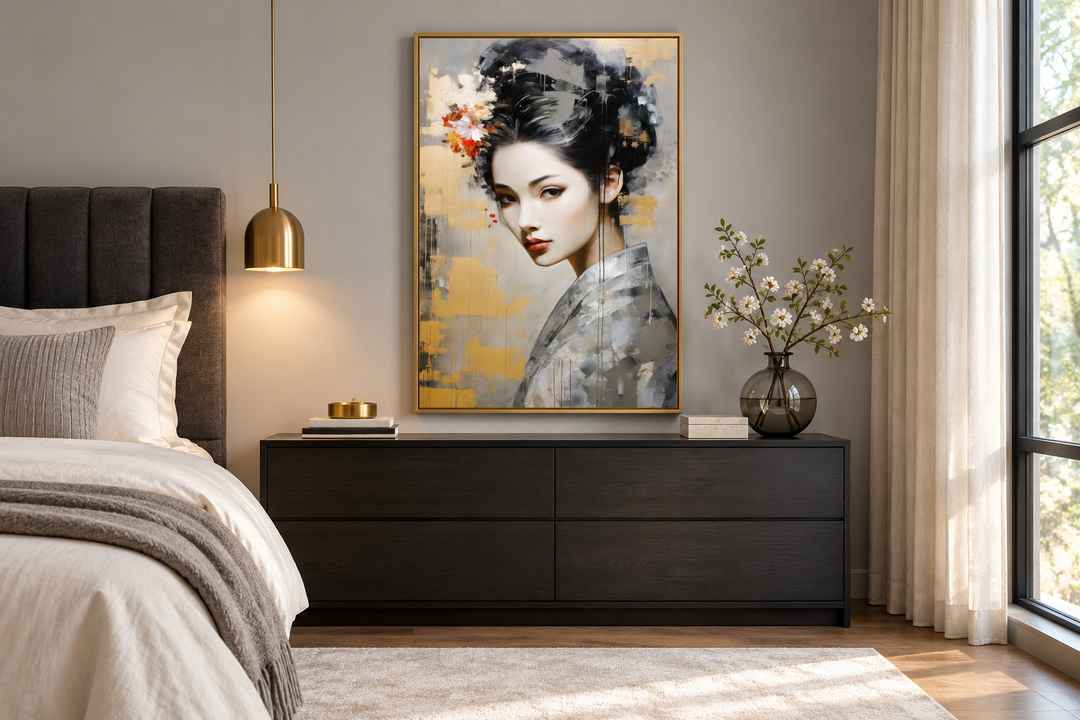 Geisha Abstract Portrait Framed Canvas Wall Art in a gold frame above a dark wood dresser.