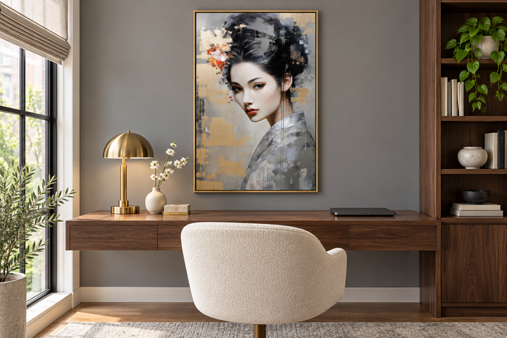 Geisha abstract portrait framed canvas wall art hanging above a modern wooden desk in a home office.