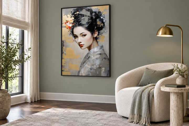 Geisha Abstract Portrait Framed Canvas Wall Art in a black frame on a green wall in a living room.
