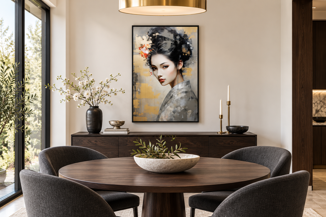 Geisha Abstract Portrait Framed Canvas Wall Art hanging in a modern dining room above a sideboard.