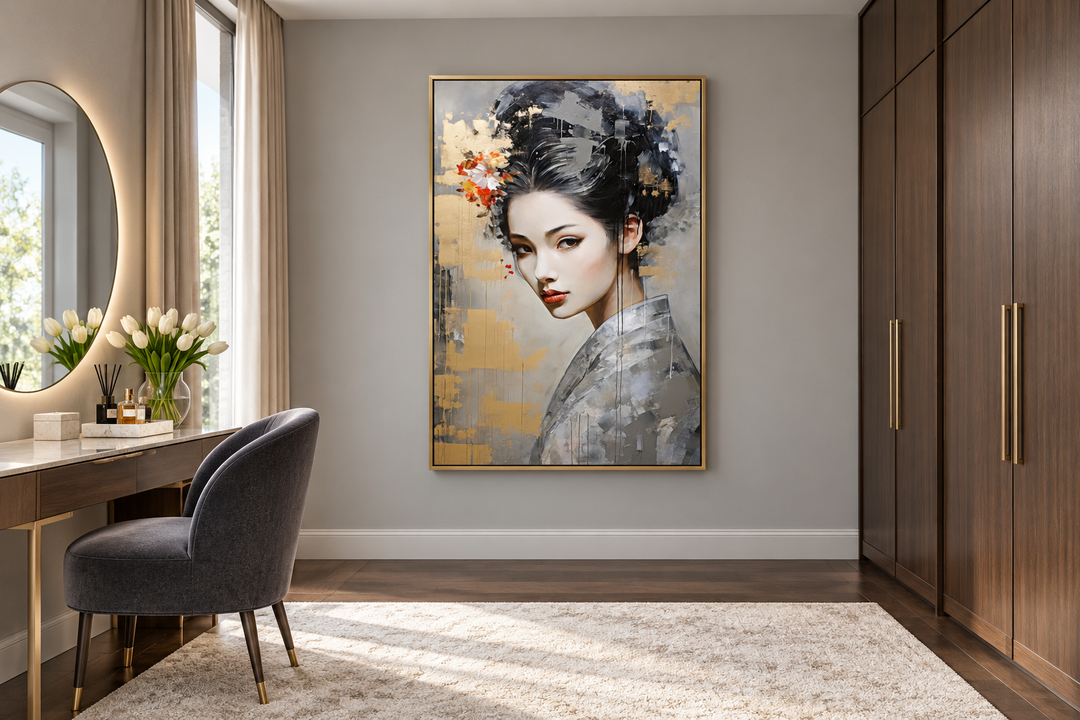 Geisha abstract portrait framed canvas wall art in a modern dressing room with gold frame.