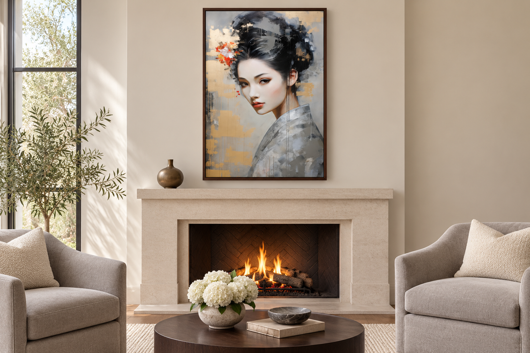 Geisha Abstract Portrait Framed Canvas Wall Art hanging above a modern fireplace in a living room.
