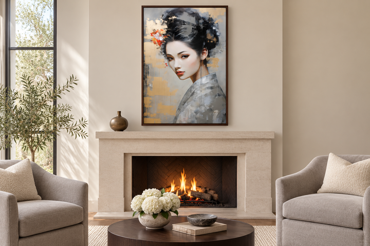 Geisha Abstract Portrait Framed Canvas Wall Art hanging above a modern fireplace in a living room.