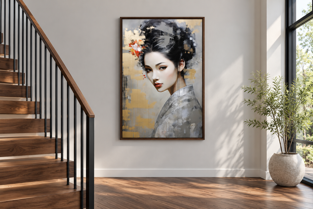 Geisha abstract portrait framed canvas wall art on a white wall next to a wooden staircase.