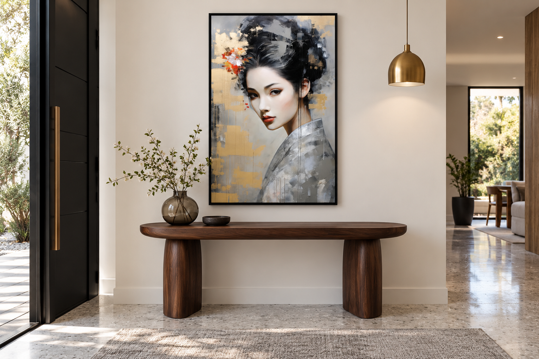 Geisha abstract portrait framed canvas wall art displayed above a wooden console table in a hallway.