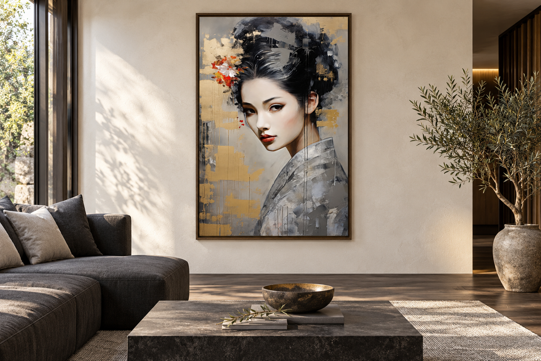 Geisha Abstract Portrait Framed Canvas Wall Art in a modern living room with a dark grey sofa.