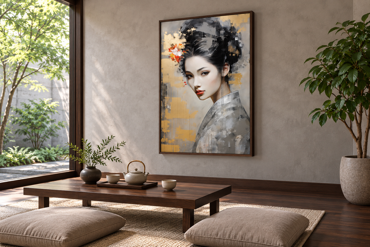 Geisha Abstract Portrait Framed Canvas Wall Art in a Zen tea room setting.