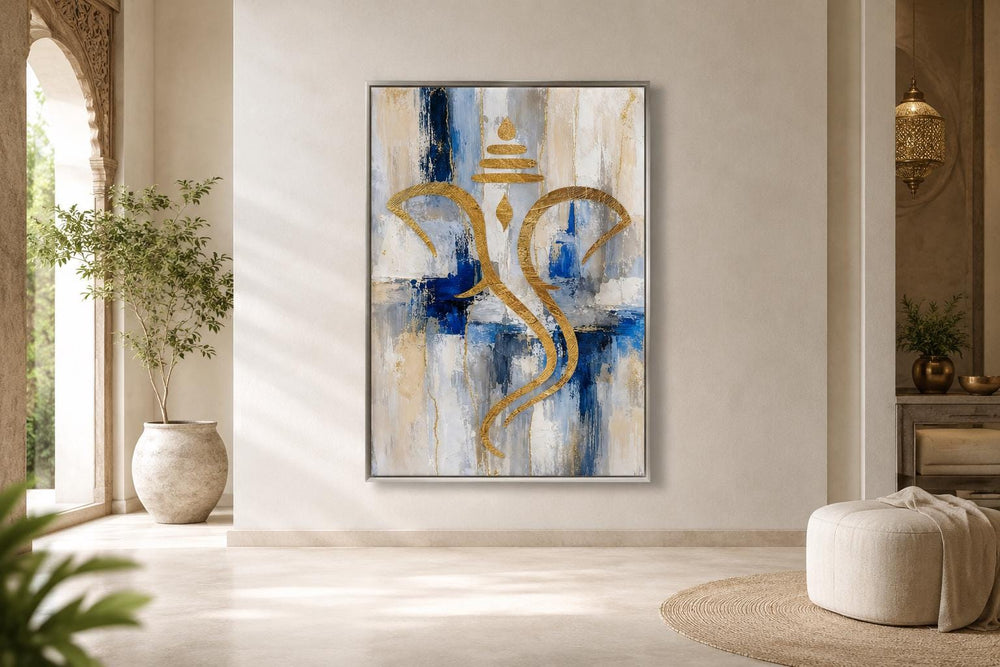 Abstract gold Ganesha silhouette on a textured blue, white, and gold background in a modern room.