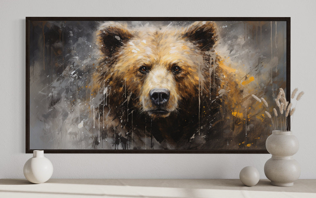 Rustic Cabin Wall Decor - Abstract Grizzly Bear Portrait Extra Large Framed Canvas Wall Art