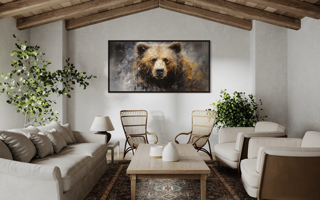 Rustic Cabin Wall Decor - Abstract Grizzly Bear Portrait Extra Large Framed Canvas Wall Art