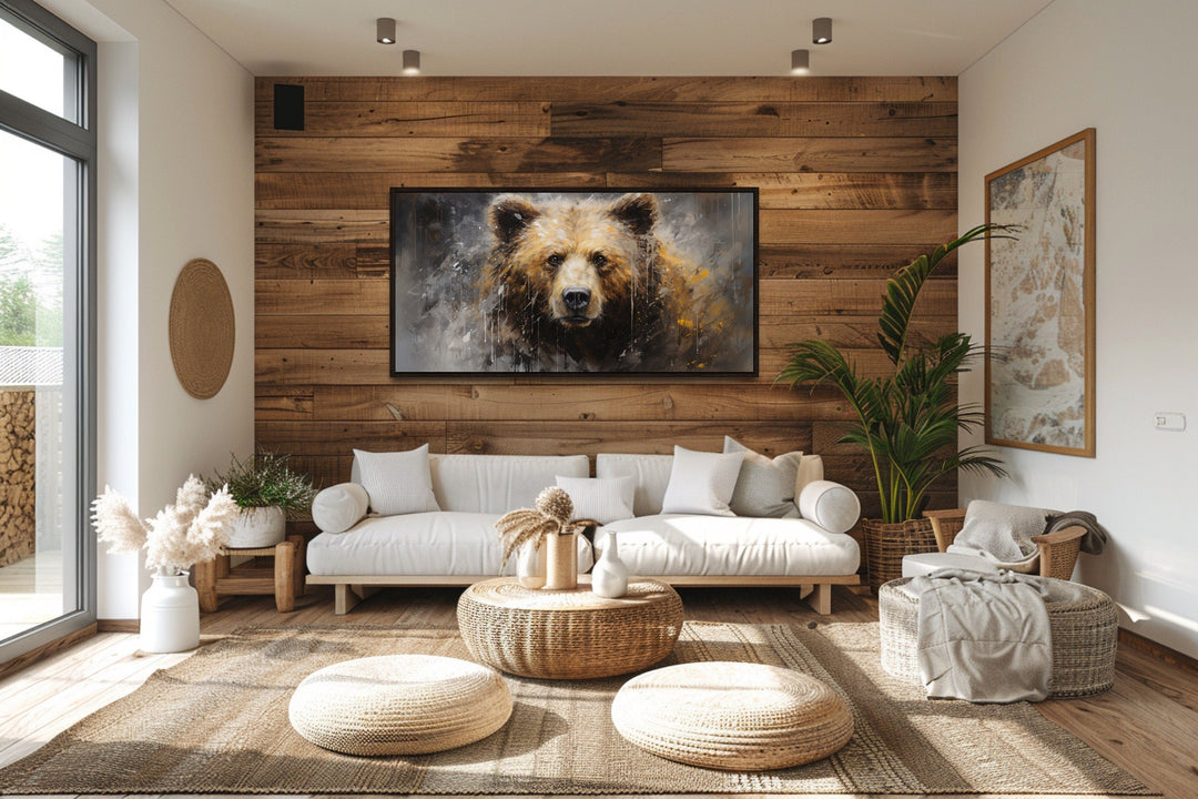 Rustic Cabin Wall Decor - Abstract Grizzly Bear Portrait Extra Large Framed Canvas Wall Art