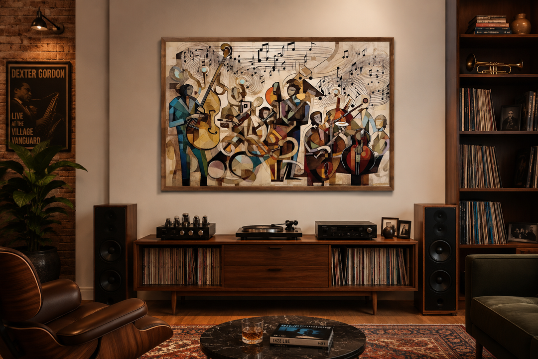 Abstract jazz orchestra framed canvas wall art above a mid-century modern record player console.