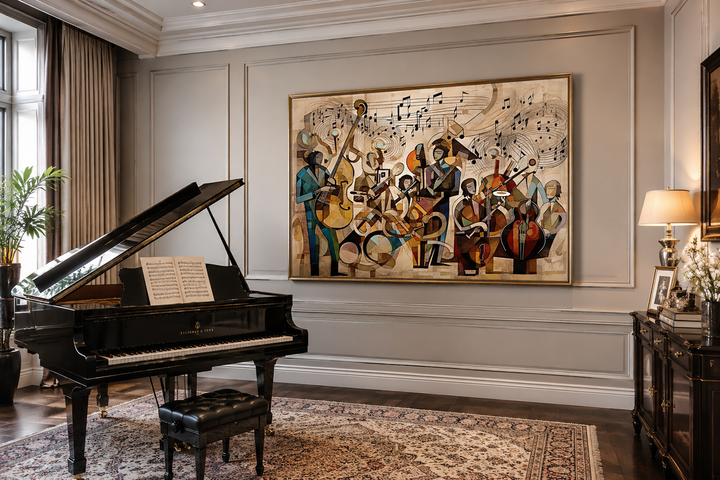 Abstract jazz orchestra framed canvas wall art featuring musicians and notes in a music room.