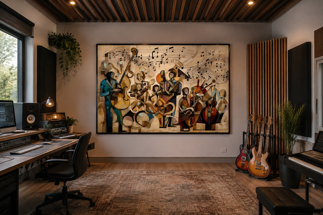 Abstract jazz orchestra framed canvas wall art in a modern music studio setting.