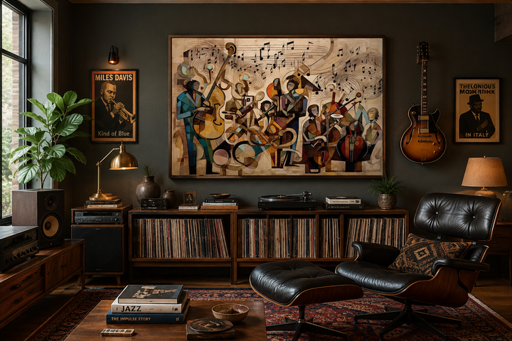 Abstract jazz orchestra framed canvas wall art in a mid-century modern music room setting.