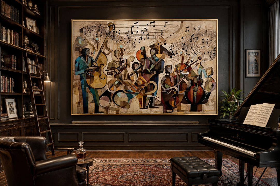 Abstract jazz orchestra framed canvas wall art in a dark, sophisticated music room with a piano.