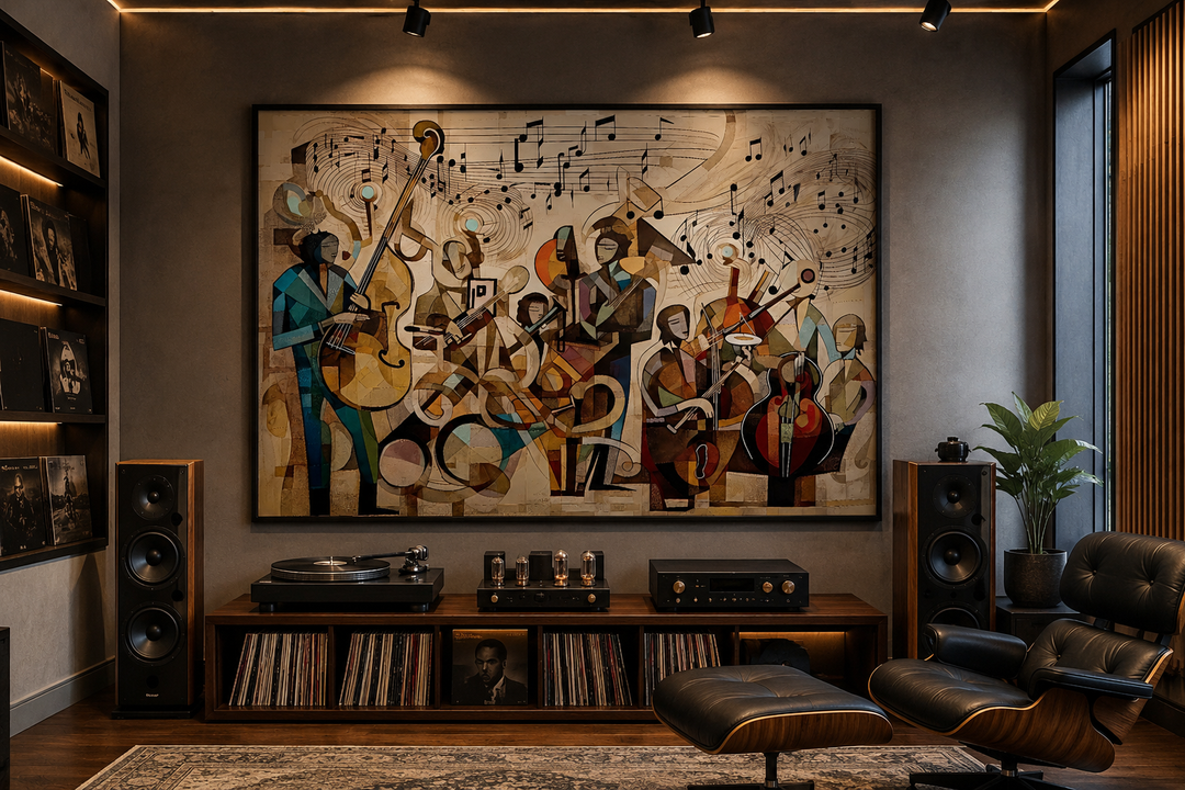 Abstract jazz orchestra framed canvas wall art in a modern music room with a record player.