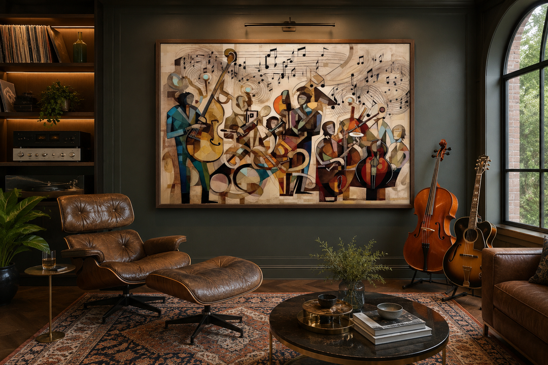 Abstract jazz orchestra framed canvas wall art above a leather chair in a music-themed room.