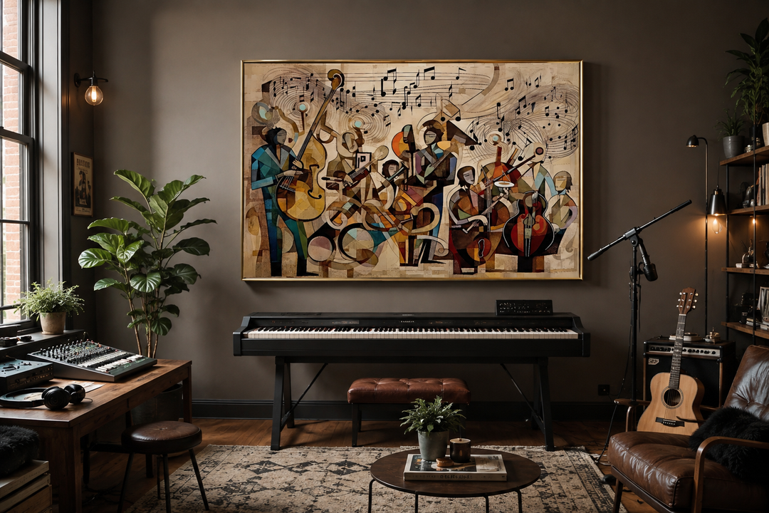 Abstract jazz orchestra framed canvas wall art featuring musicians and musical notes in a room.