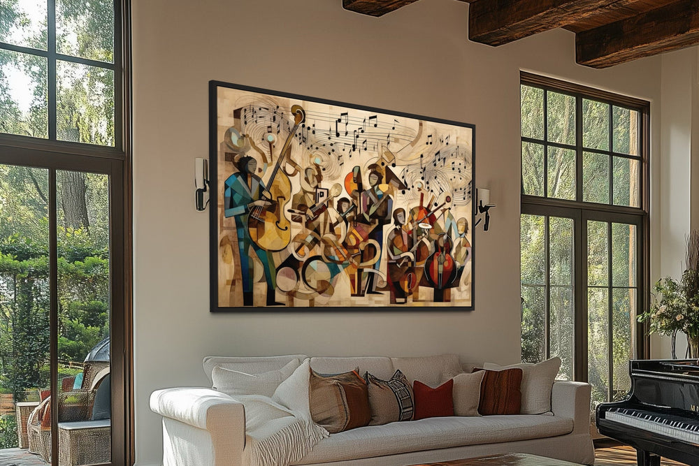 Abstract jazz orchestra framed canvas wall art hanging above a white sofa in a modern living room.