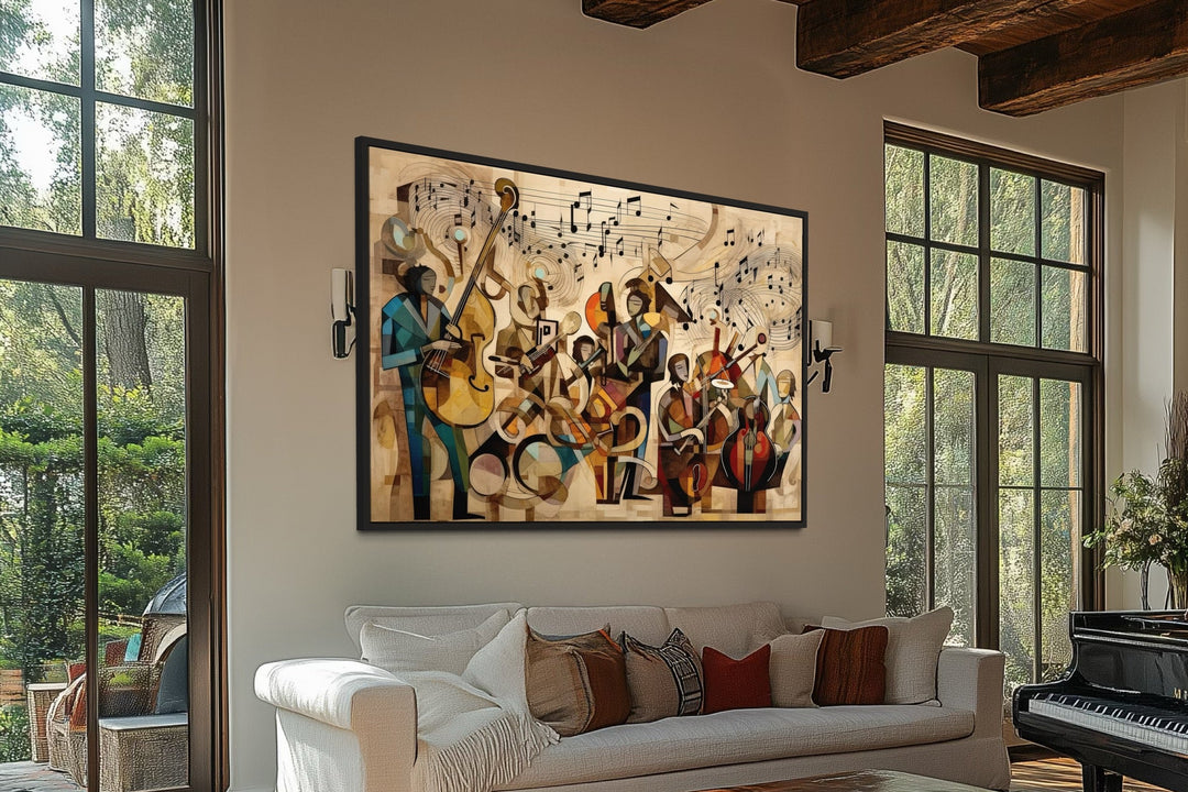 Abstract jazz orchestra framed canvas wall art hanging above a white sofa in a modern living room.