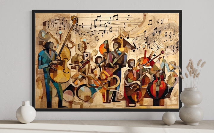 Abstract jazz orchestra framed canvas wall art featuring musicians in a cubist style.
