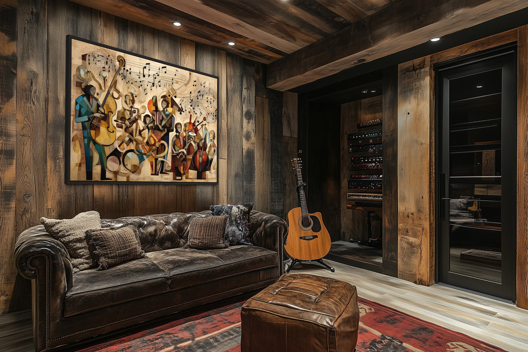 Abstract Jazz Orchestra Music Framed Canvas Wall Art hanging in a rustic wood-paneled music room.